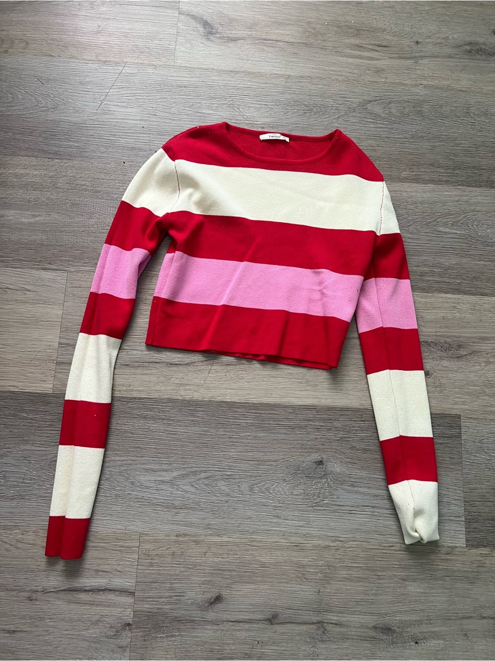 Timing Striped Crop Long Sleeve Top - Red, Pink & Cream